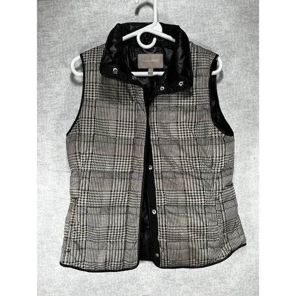 Banana Republic Down Quilted Puffer Vest Size Small Black & White Plaid - Picture 1 of 8